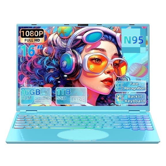 【Win 11 Pro/Office 2019】16" Blue Ultra-Narrow Bezel Laptop, DDR4 16GB RAM, 1TB SSD, Full HD (1920x1080),Celeron N95 (3.4GHz),Color Backlit KB, Face Unlock, USB3.0/HDMI/WiFi/BT, PC Notebook