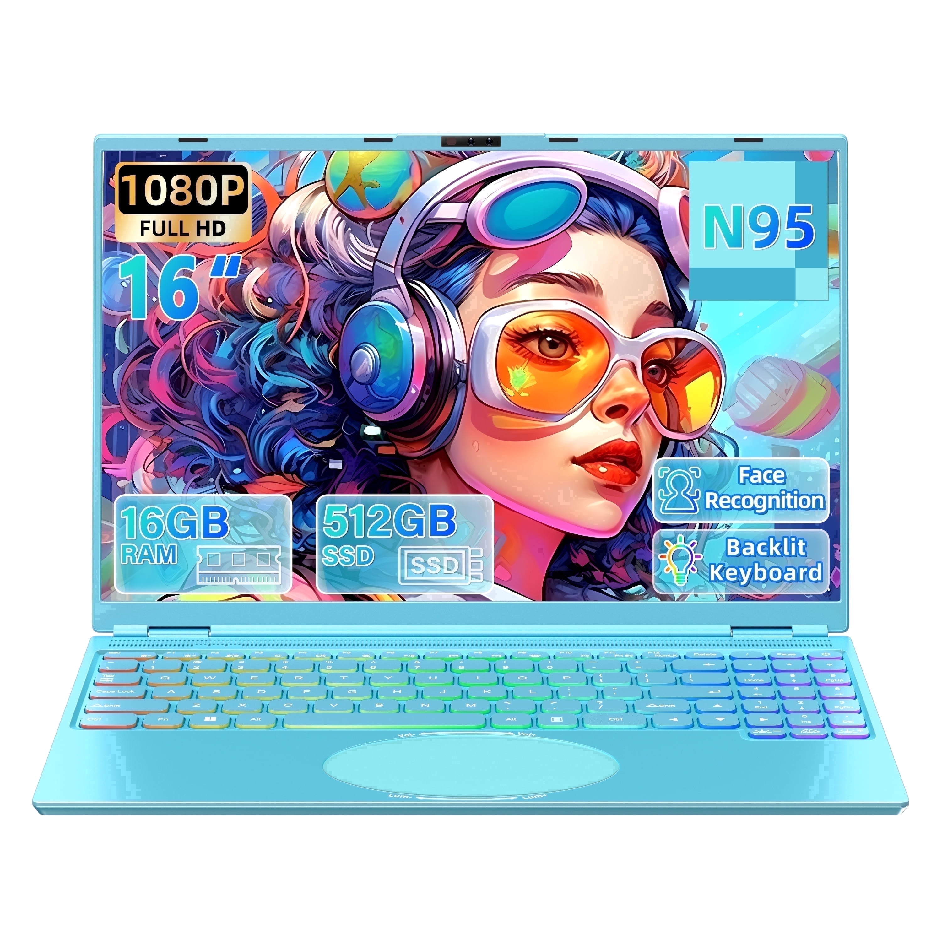 【Win 11 Pro/MS Office 2019】16" Blue Laptop,Ultra-Narrow Bezel Full HD (1920x1080),Celeron N95 (3.4GHz), 16GB RAM 512G SSD,Color Backlit KB, Face Unlock, USB-C/HDMI/WiFi/BT, for Business Study