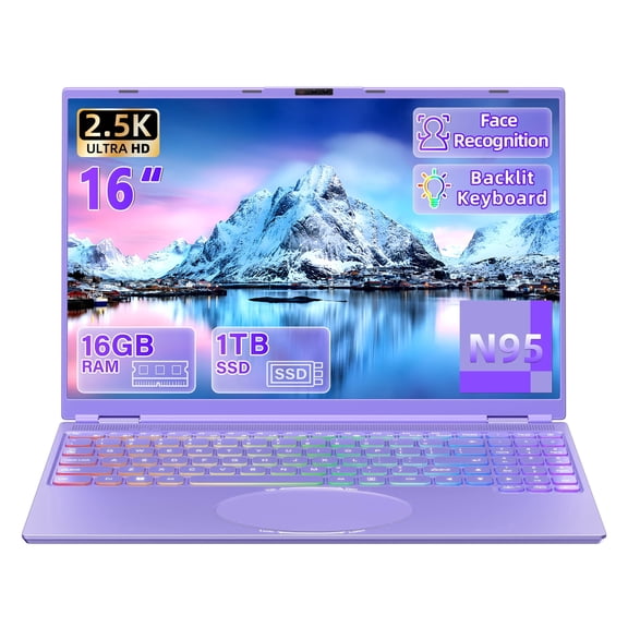 【Win 11 Pro/MS Office 2019】16" Purple Laptop,Ultra-Narrow Bezel 2.5K QHD IPS (2560x1600),Celeron N95 (3.4GHz), 16GB RAM 1T SSD,Color Backlit KB, Face Unlock, USB-C/HDMI/WiFi/BT, for Business Study