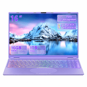 Rumtuk 16" Purple Laptop,16 GB DDR4 RAM 1 TB SSD,Celeron N5100,Win 11 Pro/MS Office 2019,Ultra-Narrow Bezel Full HD,Color Backlit KB & Face Unlock,USB-C/HDMI/Wi