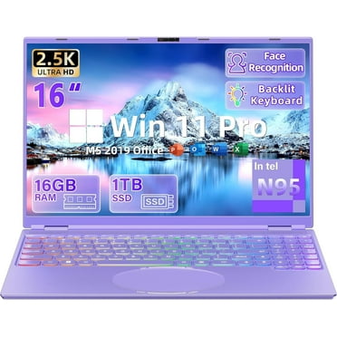 【Win 11 Pro/MS Office 2019】16" Purple Laptop,Ultra-Narrow Bezel 2.5K QHD IPS (2560x1600),Celeron N95 (3.4GHz), 16GB RAM 1T SSD,Color Backlit KB, Face Unlock, USB-C/HDMI/WiFi/BT, for Business Study