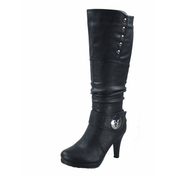Win-45 Women's Fashion Knee High Round Toe Slouched High Heel Platform Boots ( Black, 6 )