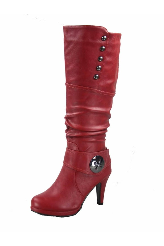 Win-45 Women's Fashion Knee High Round Toe Slouched High Heel Platform Boots ( Red, 8 )