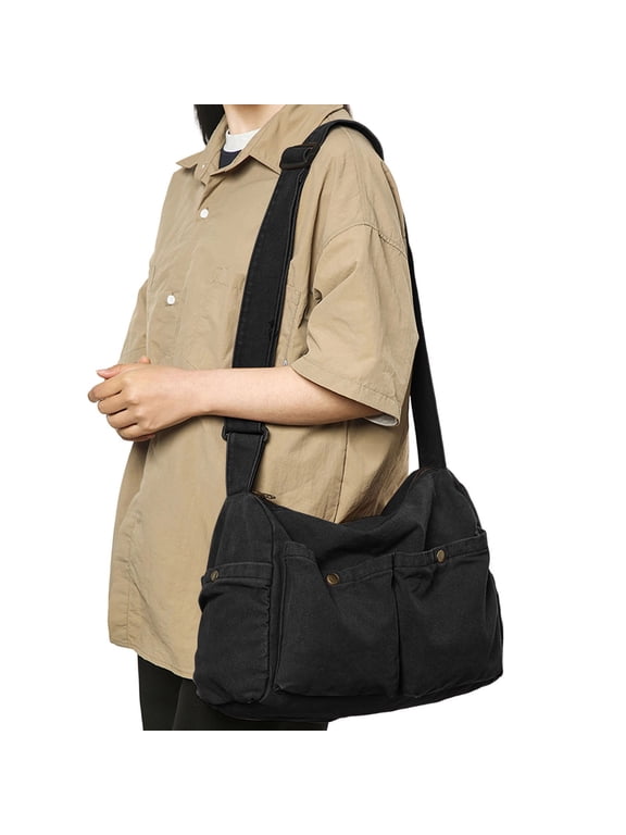 Black Canvas Crossbody Bag Men Messenger Bag Unisex Casual Shoulder Bag Adjustable Strap Commute School Travel