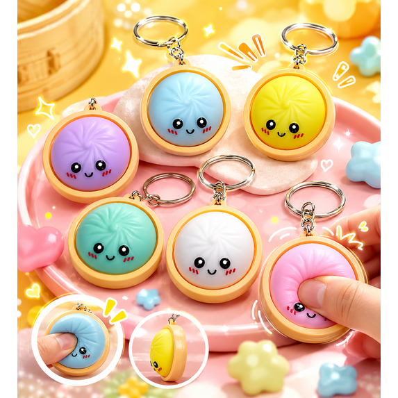 Win s Way Glowing Mini Dumpling Keychain Stress Relief Fidget Clicker Keychain – Adorable Cartoon Pendant for Backpacks, Keys & Bags, K-ids & Gifts ,Soft & Durable
