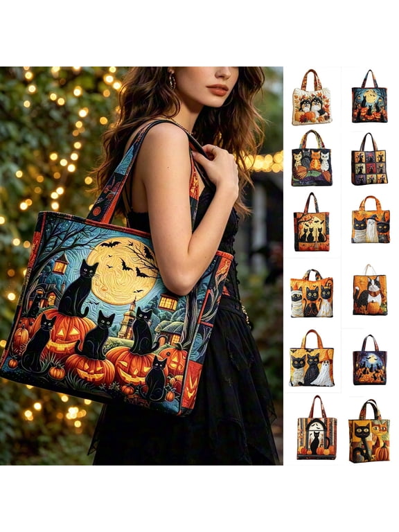 Cat Quilted Tote Bag Reusable Shopping Tote Large Capacity Trick or Treat Bag Fall Cat Lover Gift for Women Daily Commute Handbag