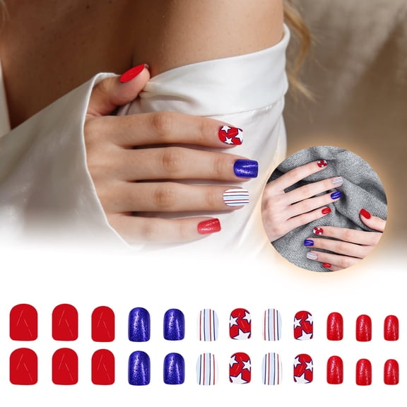 Win s Way Independence Day Press on Nails, Reusable Patriotic Nails, Short Square, 24 Pcs