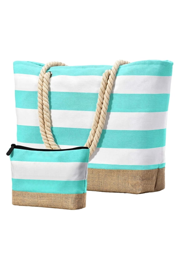 Large Capacity Striped Beach Tote Bag, 2-in-1 Tote with Removable Pouch, Rope Handle Summer Shopping Shoulder Bag