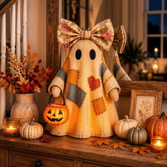 Win s Way Lighted Vintage Patchwork Ghost Halloween Decor Glowing Ghost Figurine with Pumpkin Lantern Farmhouse Style Light Up Statue for Mantel Shelf Entryway Table Fall Decorations