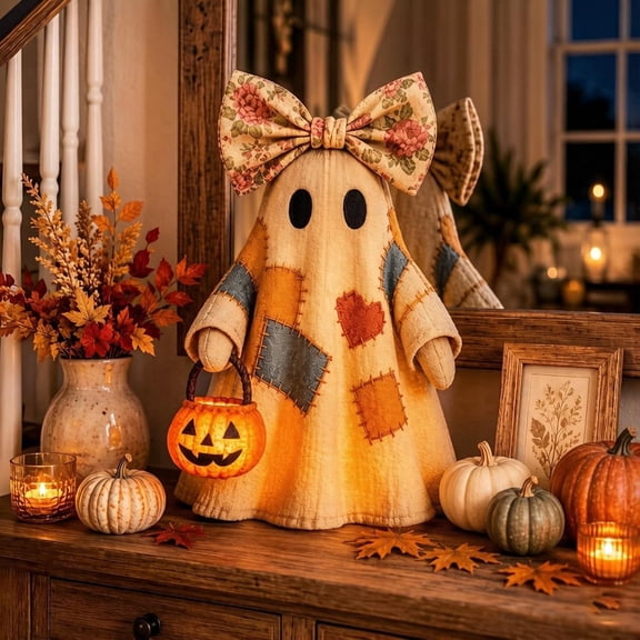 Win s Way Lighted Vintage Patchwork Ghost Halloween Decor Glowing Ghost Figurine with Pumpkin Lantern Farmhouse Style Light Up Statue for Mantel Shelf Entryway Table Fall Decorations