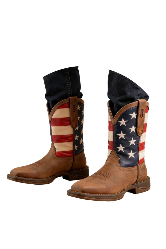 Men’s 250th Anniversary Square Toe Mid-Calf Boots Western Cowboy Style Low Heel Ankle Boots American Independence Day Casual Outdoor Riding Boots