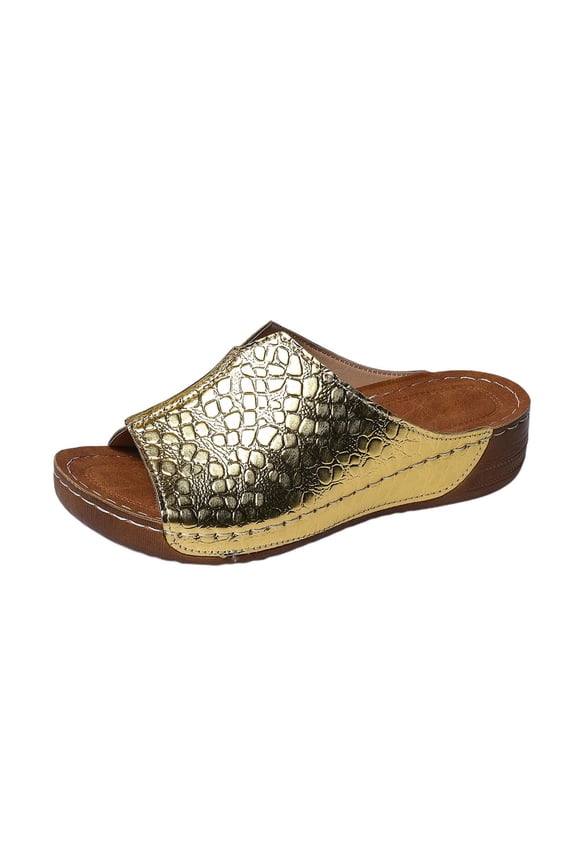 Peep Toe Wedge Platform Sandals for Women, Croc Embossed Thick Sole Casual Shoes with Stitching Detail, Summer Fashion Sandals