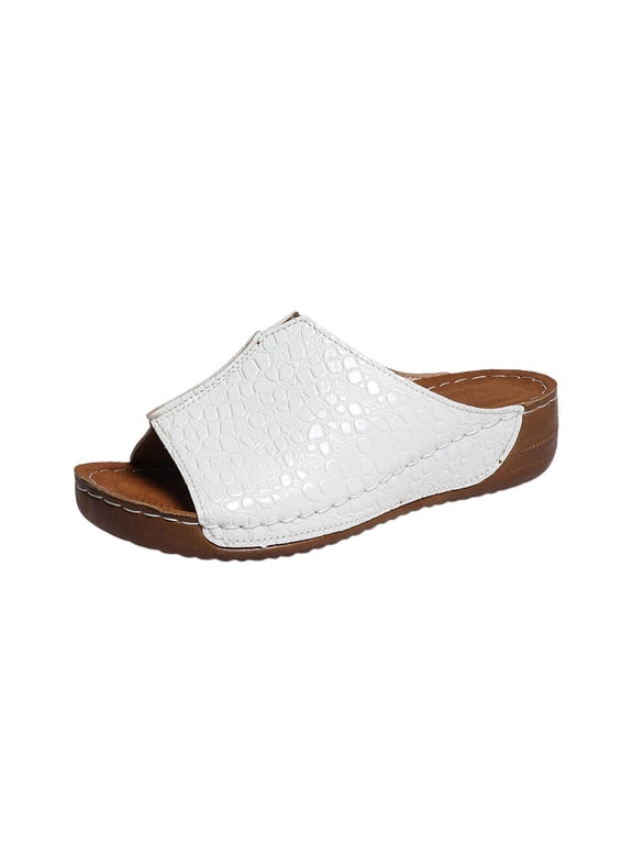 Peep Toe Wedge Platform Sandals for Women, Croc Embossed Thick Sole Casual Shoes with Stitching Detail, Summer Fashion Sandals