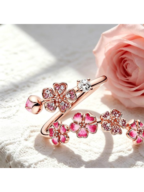 Pink Peach Blossom Flower Branch Open Ring â Rose Gold Adjustable Floral Band Ring with Enamel Petals â Lightweight Fashion Jewelry for Women Valentine Wedding Birthday