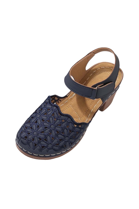 Women Hook Loop Embroidery Hollow Out Platform Sandals Square Heel Beach Shoes Spring Summer Solid Color