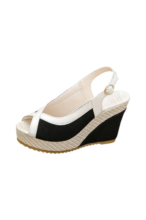 Women Woven Roman Sandals Plus Size Peep Toe Buckle Platform Wedge Heel 1.1 Inch Summer Casual Shoes