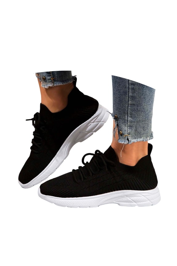 Women's Knit Mesh Platform Sneakers, Slip-On Comfort Walking Shoes with Grippy Outsole