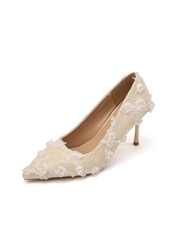 Women's Lace Stiletto Pointed Toe Floral Wedding Dress Pumps Comfort High Heels