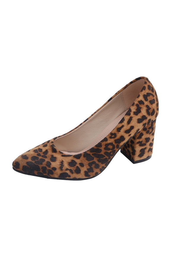 Women's Leopard Print Pointed Toe Low Cut Chunky Heel Pumps Slip On Work Dress Shoes