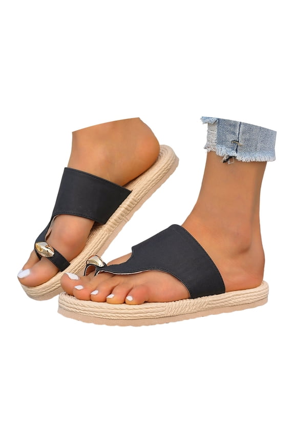 Women‘s Natural Jute Rope Toe Post Sandals Boho Flat Beach Shoes Comfortable Slip-On Summer Flip Flops