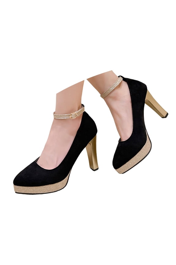 Women's Oktoberfest Rhinestone Ankle Strap Black Heels Platform Closed Toe Shoes