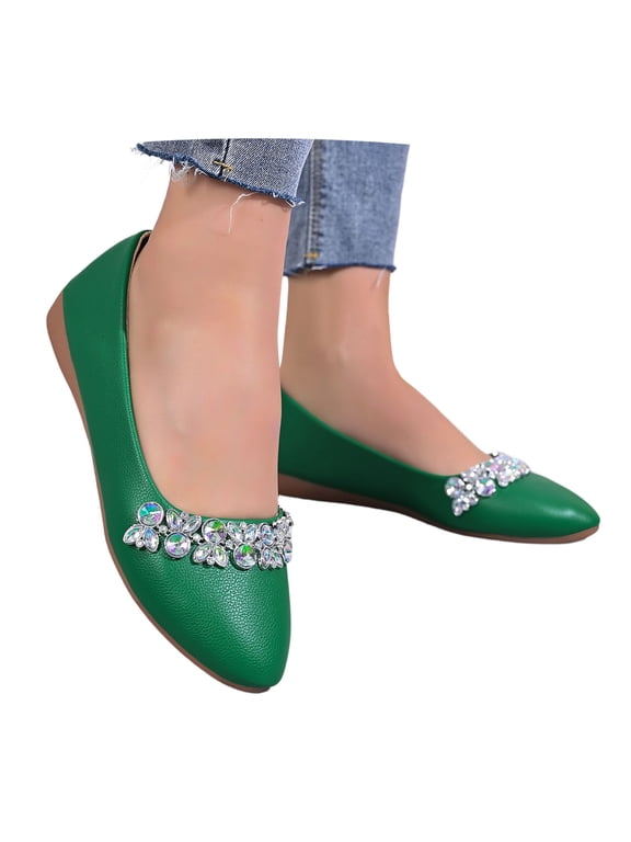 Women's Rhinestone Pointed Toe Ballet Flats Slip On Low Heel Comfort Wedding Shoes