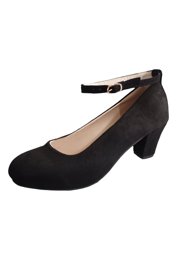 Women's Round Toe Suede Buckle Heel Low Cut Wide Width Pumps Casual High Heels