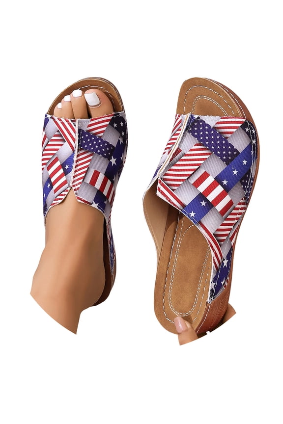 Women's Wedge Slide Sandals, Retro American Flag Open Toe Platform Slippers for Summer 4th of July