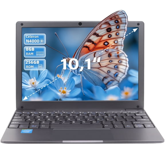 10.1-inch Portable Mini Laptop Computer, DDR4 8GB RAM, 256GB SSD, Celeron N4000, Built-in Webcam, Notebook With WiFi, HDMI, Bluetooth, Type-C Charging, Easy to Carry, Gray