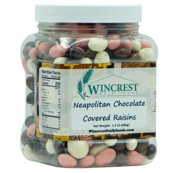 Neapolitan Chocolate Covered Raisins || 1.5 Lb Tub || Dark, Milk, Vanilla & Strawberry Coated