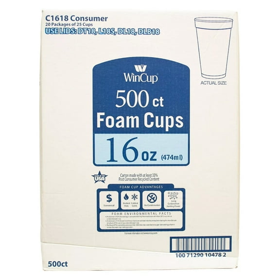 WinCup 16-Oz. Foam Cups, Styrofoam Cups Disposable 500 ct. -White- NO SHIP TO CA