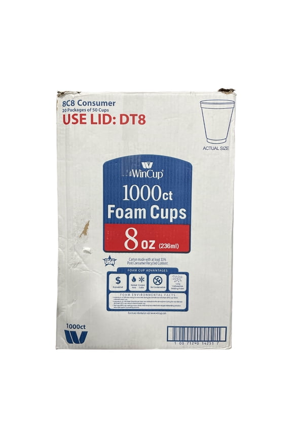 Disposable Foam Cups, 8 oz, White, 1000 Count