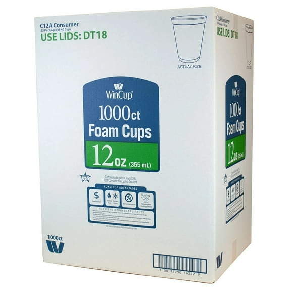 WinCup Foam Drink Cups White 12 Ounce (1,000 Count)