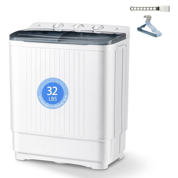 WinFire 32 lbs Portable Twin‑Tub Mini Washing Machine, 20 lbs Washer & 12 lbs Spinner, Space‑Saving Small Laundry Appliance, Includes 1 Drying Rack and 10 Hangers for Apartment Camping RV Home Use