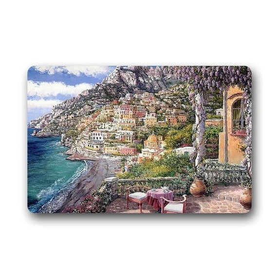 WinHome Most Beautiful Italian Positano Town Small Courtyard Watercolor Painting Doormat Floor Mats Rugs Outdoors/Indoor Doormat Size 23.6x15.7 inches