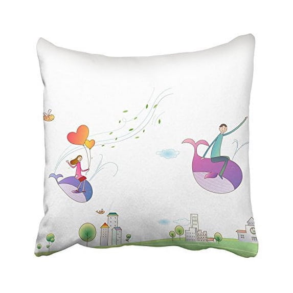 WinHome Creative Cartoon Love Couple Flying On Whales And City Trees Balloons Decorative Pillowcases With Hidden Zipper Decor Cushion Covers Two Sides 18x18 inches