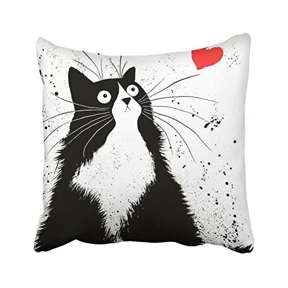 WinHome Cute Cartoon Black Fat Cat And Red Heart White Decorative Pillowcases With Hidden Zipper Decor Cushion Covers Two Sides 20x20 inches