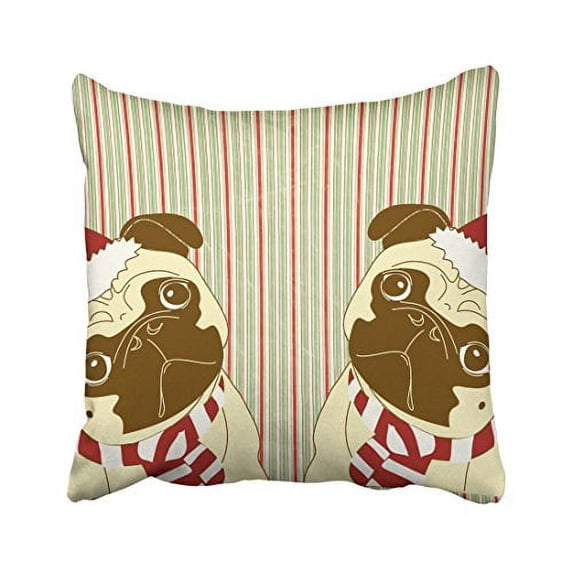 WinHome Cute Christmas Pug Dog Santa Hat Two Pugs Xmas Fun Stripe Pattern Polyester 18 x 18 Inch Square Throw Pillow Covers With Hidden Zipper Home Sofa Cushion Decorative Pillowcases