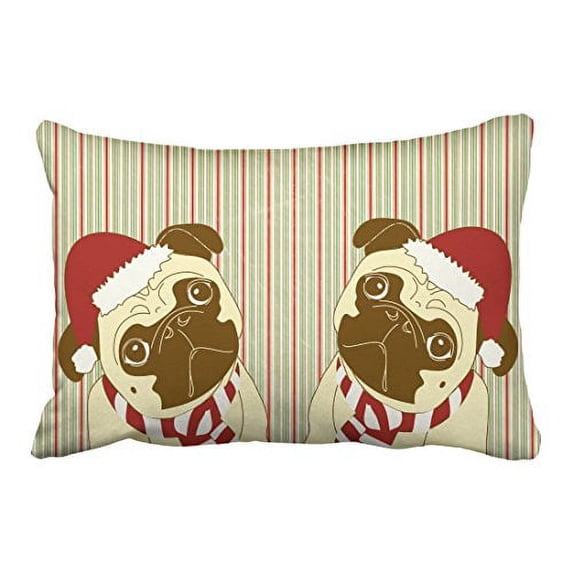WinHome Cute Christmas Pug Dog Santa Hat Two Pugs Xmas Fun Stripe Pattern Polyester 20 x 30 Inch Rectangle Throw Pillow Covers With Hidden Zipper Home Sofa Cushion Decorative Pillowcases