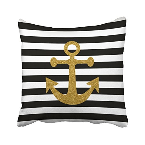 WinHome Decorative Home Style Fashion Pillowcase Black White Stripes Gold Anchor Glitter Print Pillow Cover Cushion Case Standard Invisible Zipper Size 18x18 inches Two Side