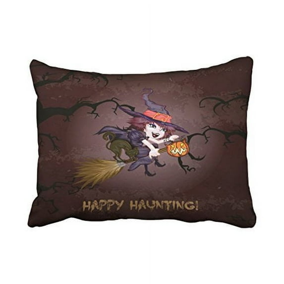 WinHome Decorative Pillowcases Halloween Cute Witch On Broomstick And Pumpkin Throw Pillow Covers Cases Cushion Cover Case Sofa 20x30 Inches Two Side