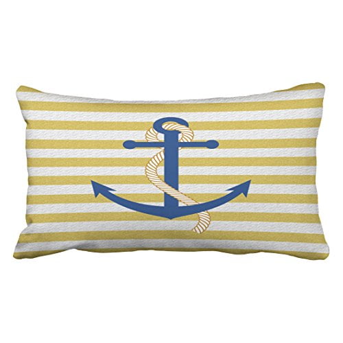 WinHome Decorative Yellow Striped Nautical Pillow Cover Blue Anchor Pillow Case Superior Polyester Size 20x30 inches Two Side