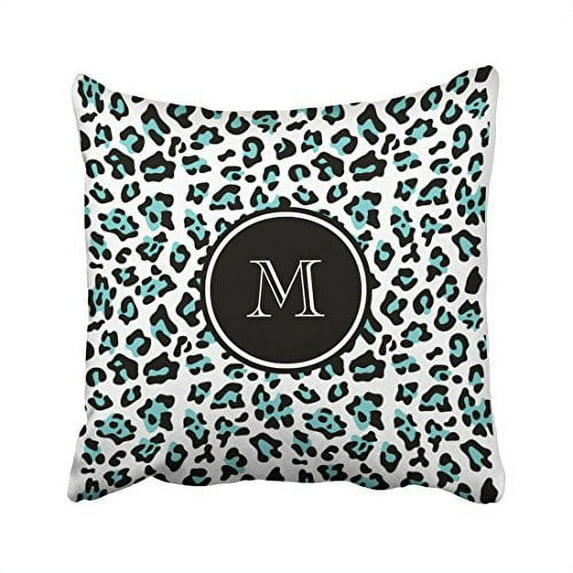 WinHome Fashion Simple Teal Black And Blue Leopard Animal Print With Monogram Customized Polyester 18 x 18 Inch Square Throw Pillow Covers With Hidden Zipper Home Sofa Cushion Decorative Pillowcases