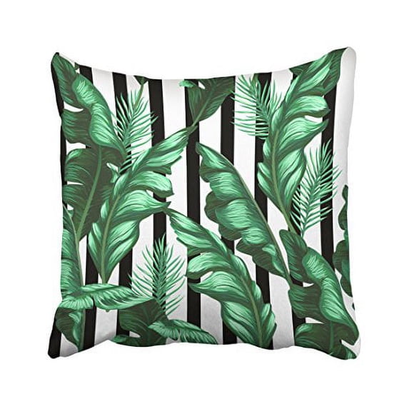 WinHome Green Banana Leaves Black And White Stripes Drawing Decorative Pillow Cover With Hidden Zipper Decor Cushion Two Sides 18x18 inches