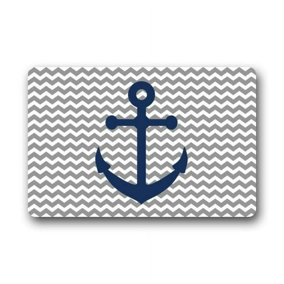 WinHome Grey Chevron Pattern With Blue Anchor Art Doormat Floor Mats Rugs Outdoors/Indoor Doormat Size 23.6x15.7 inches