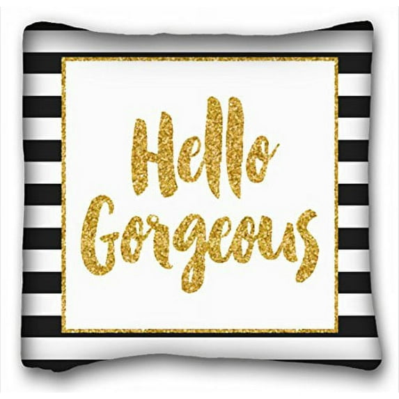 WinHome Hello Gorgeous Black White Gold Glitter Stripes Throw Pillow Case Cases Cover Cushion Covers Sofa Size 20x20 Inches Two Side