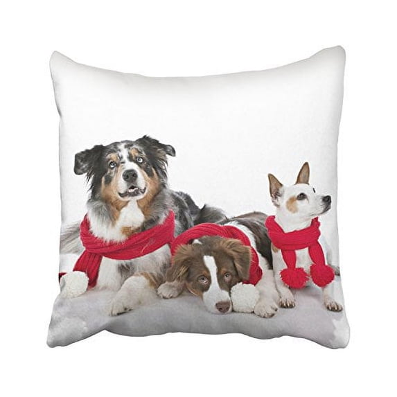 WinHome Merry Christmas New Year Red Scarf Cute Dogs Decorative Pillowcases With Hidden Zipper Decor Cushion Covers Two Sides 18x18 inches