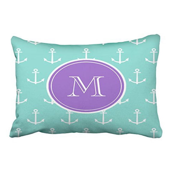 WinHome Rectangl Throw Pillow Covers Mint Green White Anchors Pattern Purple Monogram Customizable Pillowcases Polyester 20 x 30 Inch With Hidden Zipper Home Sofa Cushion Decorative Pillowcase