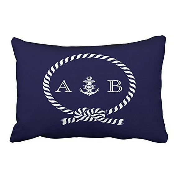 WinHome Rectangl Throw Pillow Covers Navy Blue Nautical Rope And Anchor Monogram Customizable Pillowcases Polyester 20 x 30 Inch With Hidden Zipper Home Sofa Cushion Decorative Pillowcase