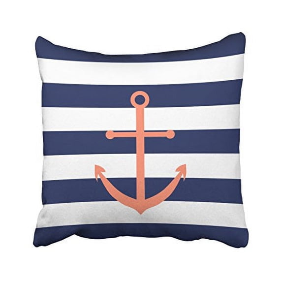 WinHome Square Throw Pillow Covers Navy Blue And White Stripe Coral Anchor Pillowcases Polyester 18 X 18 Inch With Hidden Zipper Home Sofa Cushion Decorative Pillowcase